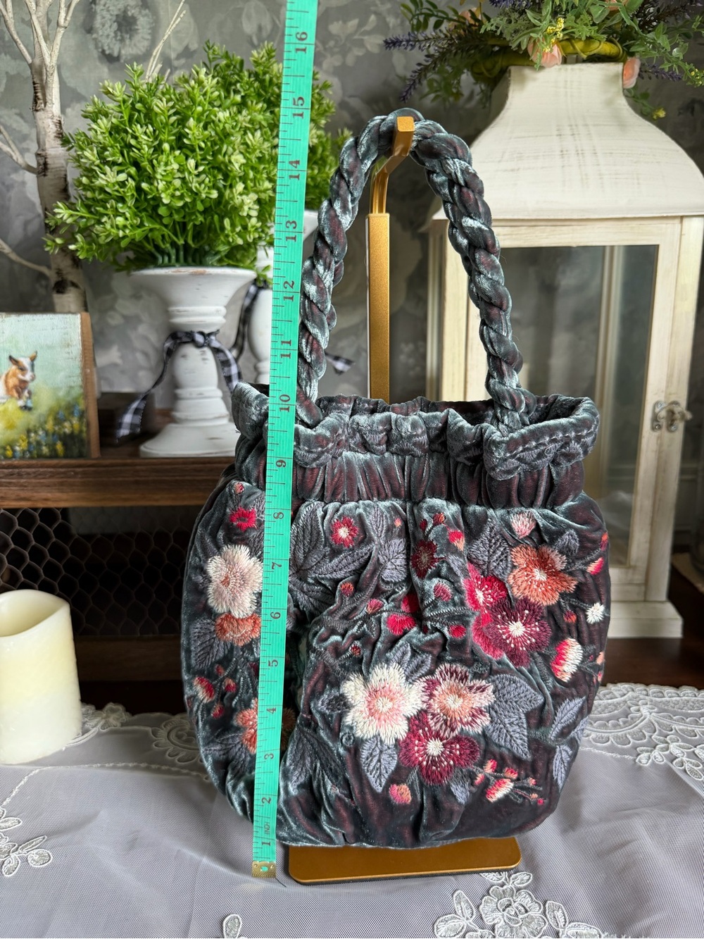 Johnny Was Los Angeles Velvet Floral Embroidered Bucket Bag Purse - Gray & Pink - Picture 3 of 7
